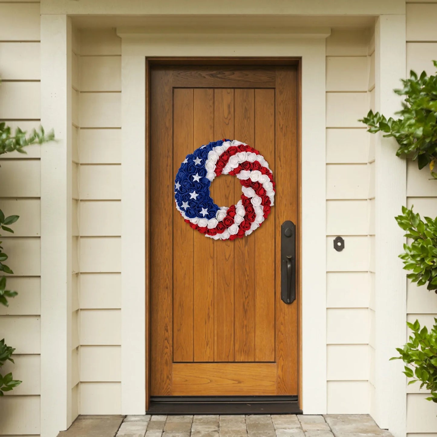 4th of July Rose Floral Wreath – American Flag Star Front Door Patriotic Garland