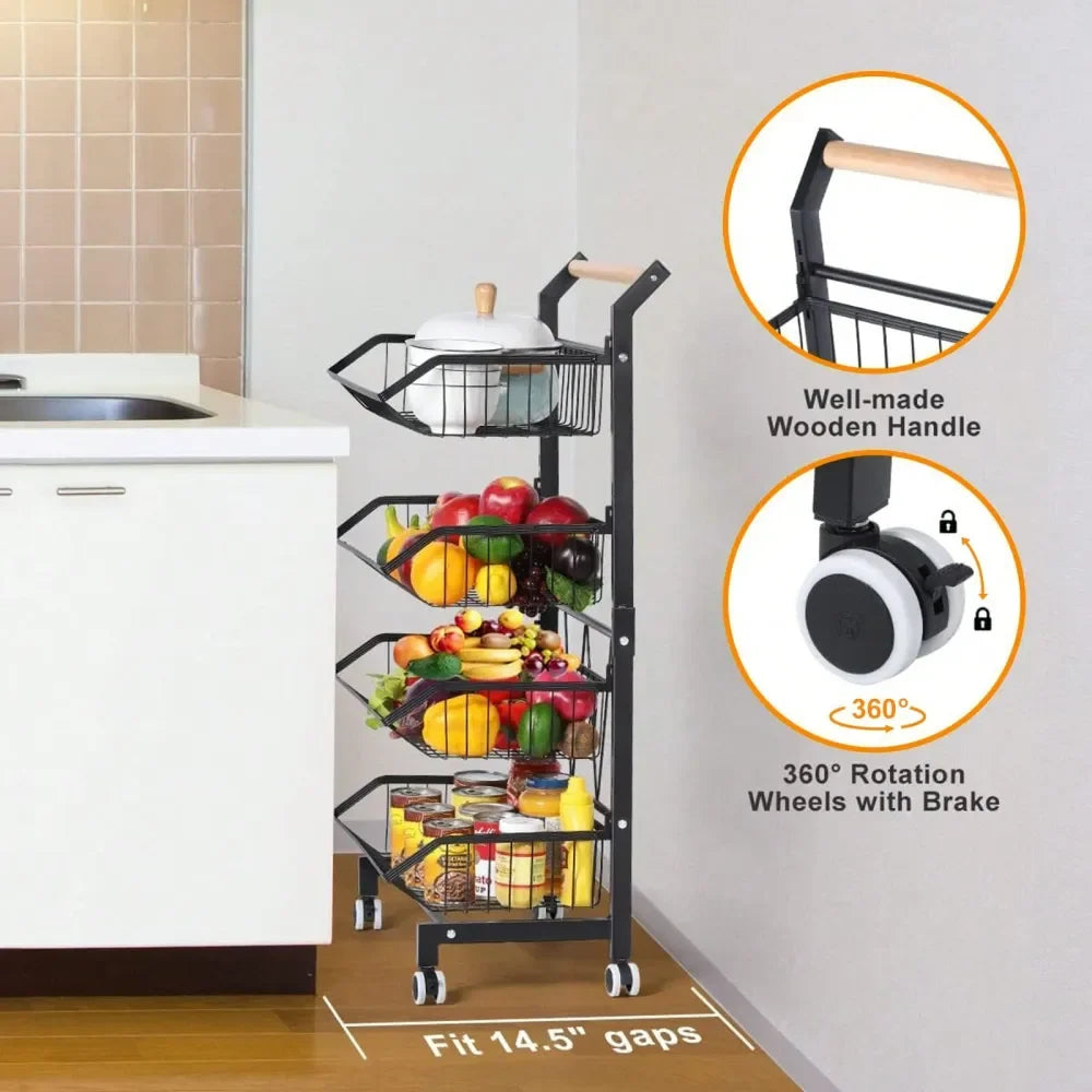 4‑Tier Utility Rolling Storage Cart – Kitchen Pantry Organizer with Solid Wood Handle & 360° Wheels