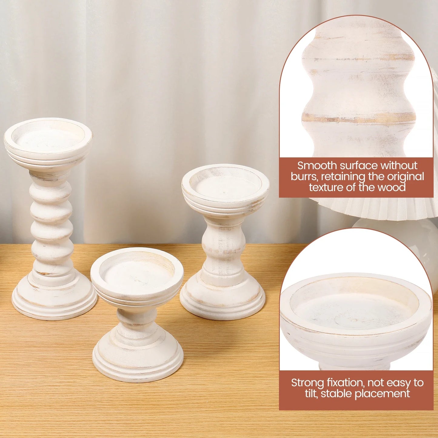 Whitewashed Wooden Pillar Holders – Vintage Carved Candle Stands (Set of 3)