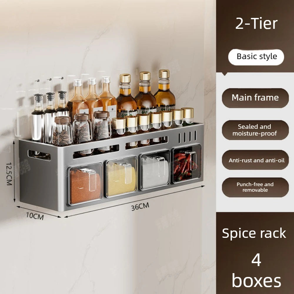 No‑Drill Wall‑Mounted Spice Rack – Carbon Steel Pull‑Out Seasoning Organizer for Kitchen