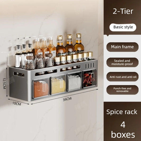 No‑Drill Wall‑Mounted Spice Rack – Carbon Steel Pull‑Out Seasoning Organizer for Kitchen