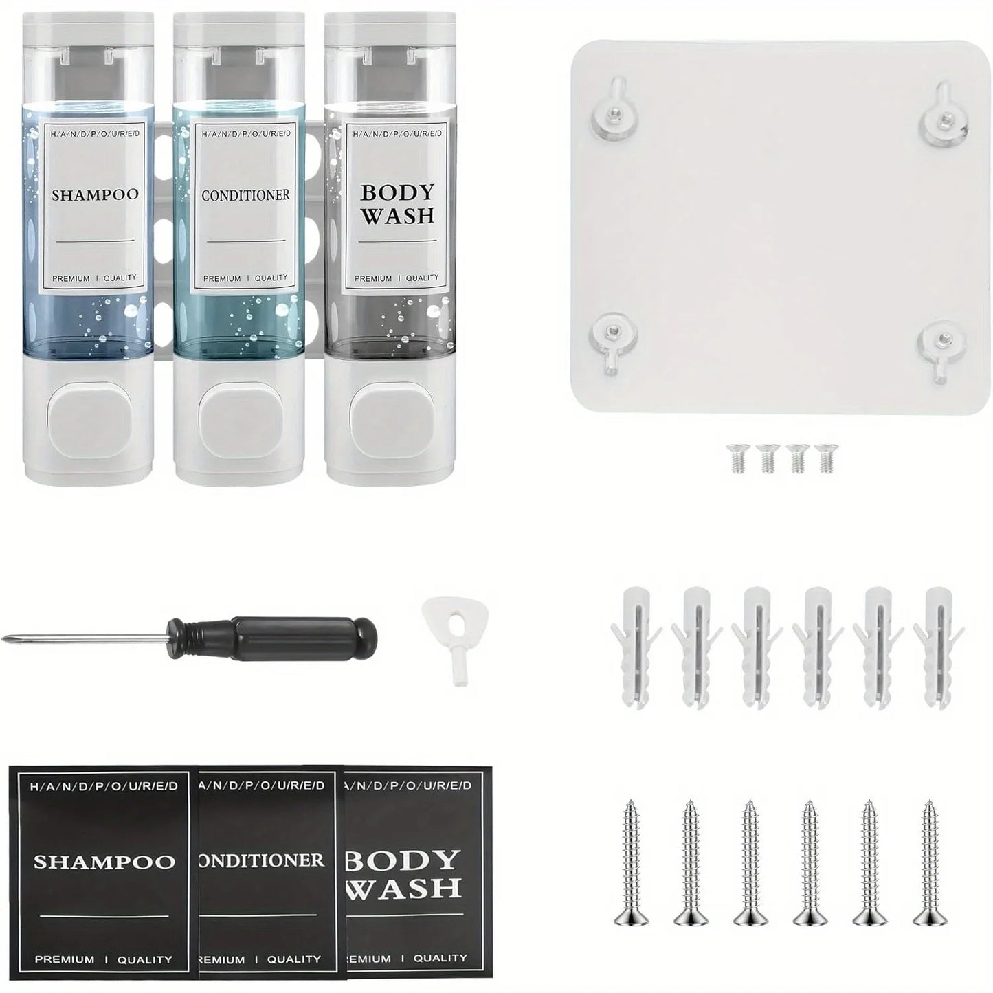 Wall-mounted 3-in-1 Soap, Shampoo and Conditioner Dispenser, No Drilling Required