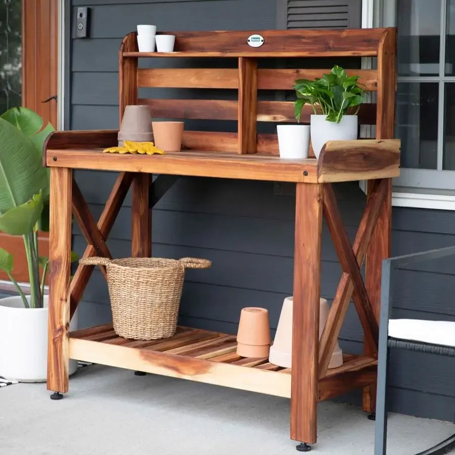 Acacia Wood Garden Potting Bench with Lower Storage Shelf