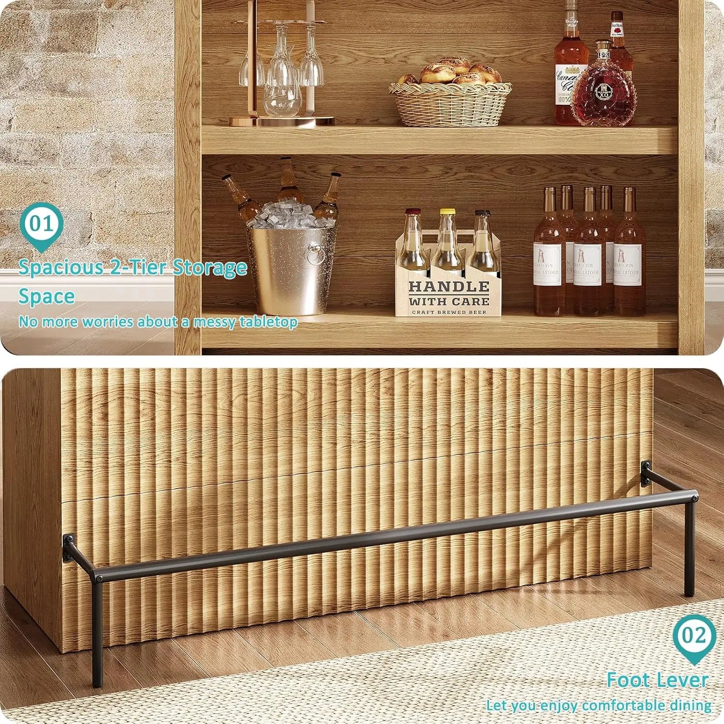 63-Inch Bar Table, 2-Tier Wooden Home Bar Unit with Black Footrest
