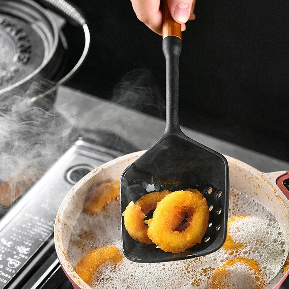 7Pcs Black Silicone Wooden Handle Cooking Tool Non-stick Kitchen Utensils