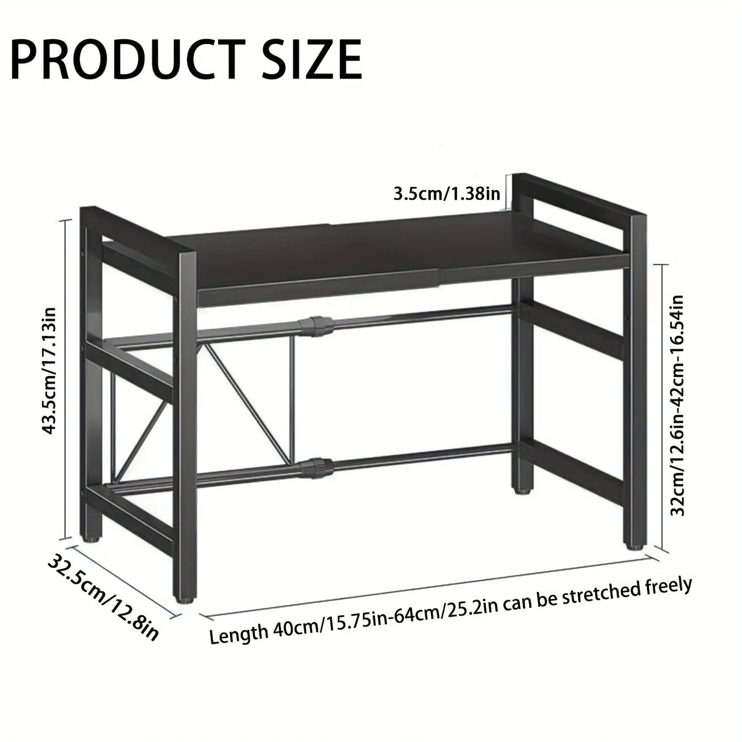 Adjustable Microwave Shelf (16"–25") – Expandable Kitchen Rack with 6 Hanging Hooks