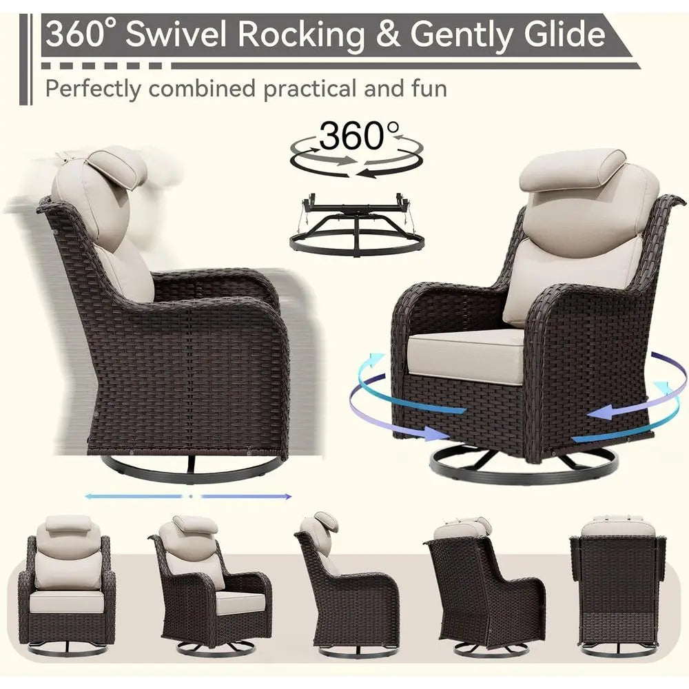 3-Piece High-Back Outdoor Swivel Rocking Chairs Set of 2 with Cushions and Side Table, Brown