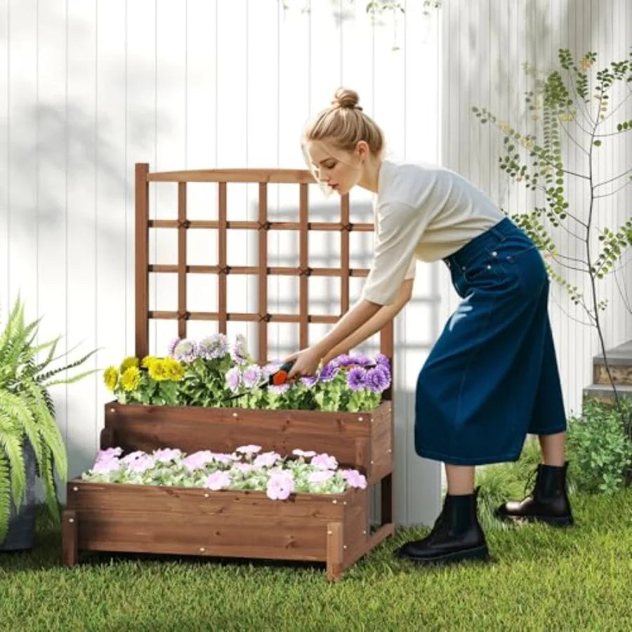 2‑Tier Wooden Elevated Garden Bed with Trellis – Raised Planter Boxes with Built‑In Drainage Holes