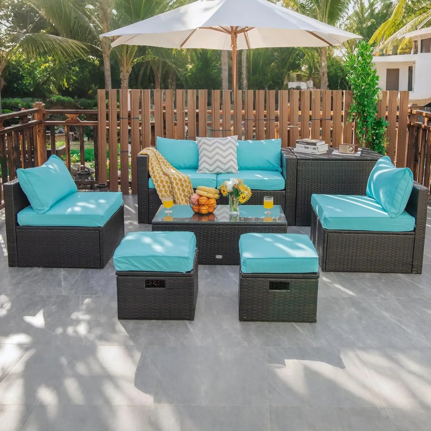 8‑Piece Rattan Outdoor Furniture Set – Sectional Sofa, Chairs, Storage Ottoman & Glass Table, Space‑Saving Design