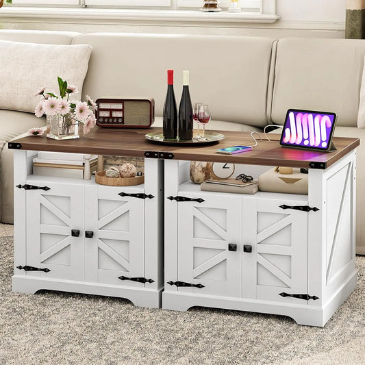 Farmhouse End Tables Set of 2 with Charging Station, 23.5" Large End Table for Living Room, Sofa Side Table with, Customized