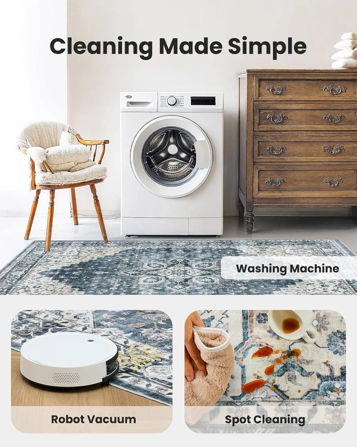 Washable Area Rugs, multiple sizes with Non-Slip Backing