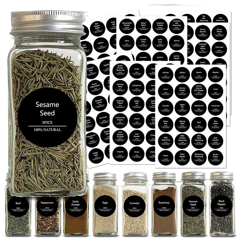 275-PCS Spice Jar Storage Labels - Self-Adhesive, Waterproof, Preprinted, Transparent, Black Letter Stickers for Kitchen Spice Jars