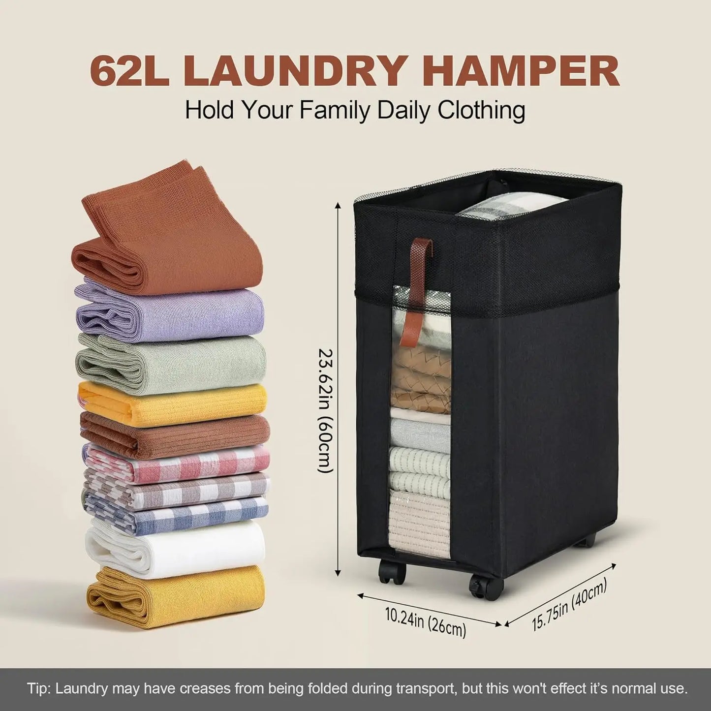 Rolling Laundry Basket with Clear Window, Collapsible and Portable for Home Use, Black