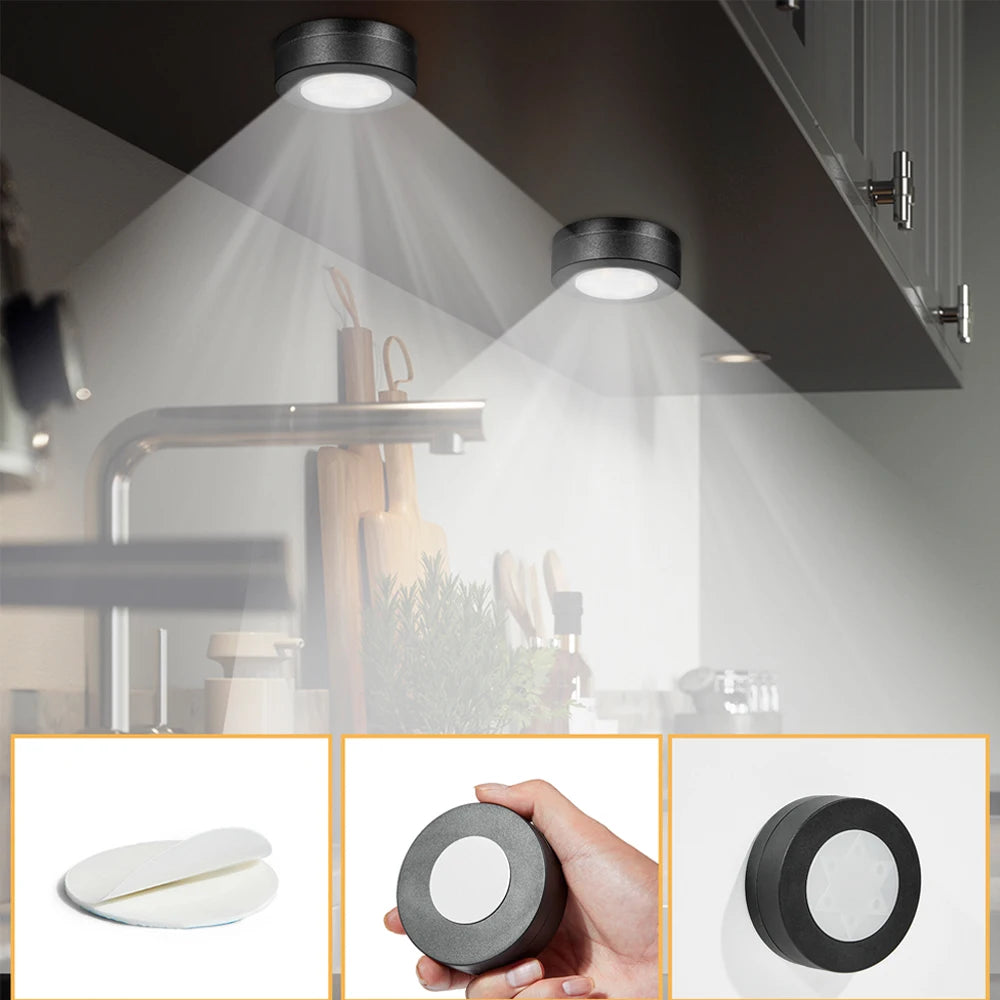 6-Pcs Black Round LED Under Cabinet Closet Light, Dimmable, Remote Control