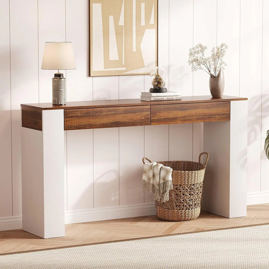 63 Inch Entryway Table with 2 Drawers, Narrow Slim Console Table, Long Wood Sofa Table Behind Couch for Hallway & Living Room