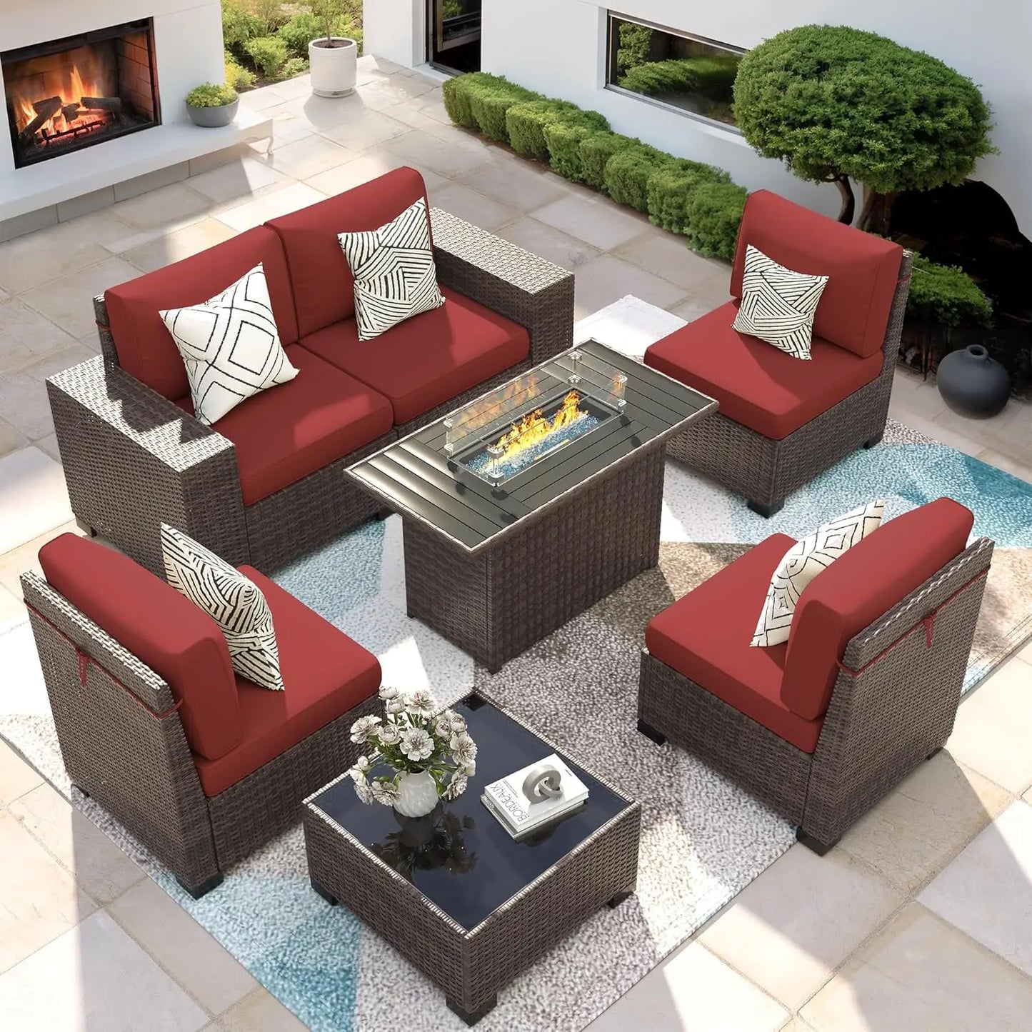 7 Piece Patio Furniture Set With Fire Pit Table, Outdoor , Wicker Rattan