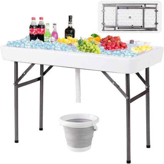 Portable Folding Ice Cooler Table – White Drink Station with Drain, Bucket & Removable Skirt for Parties & Camping