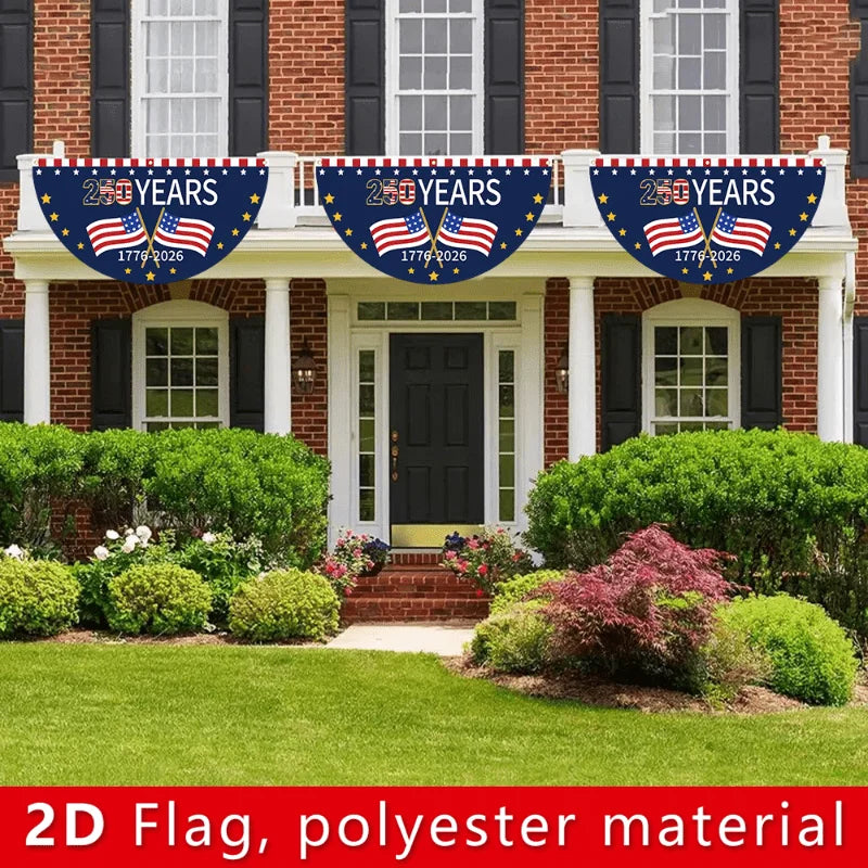 250th US Founding Anniversary Fan-Shaped Flag Banner – Flat Design Patriotic Party Background Decor