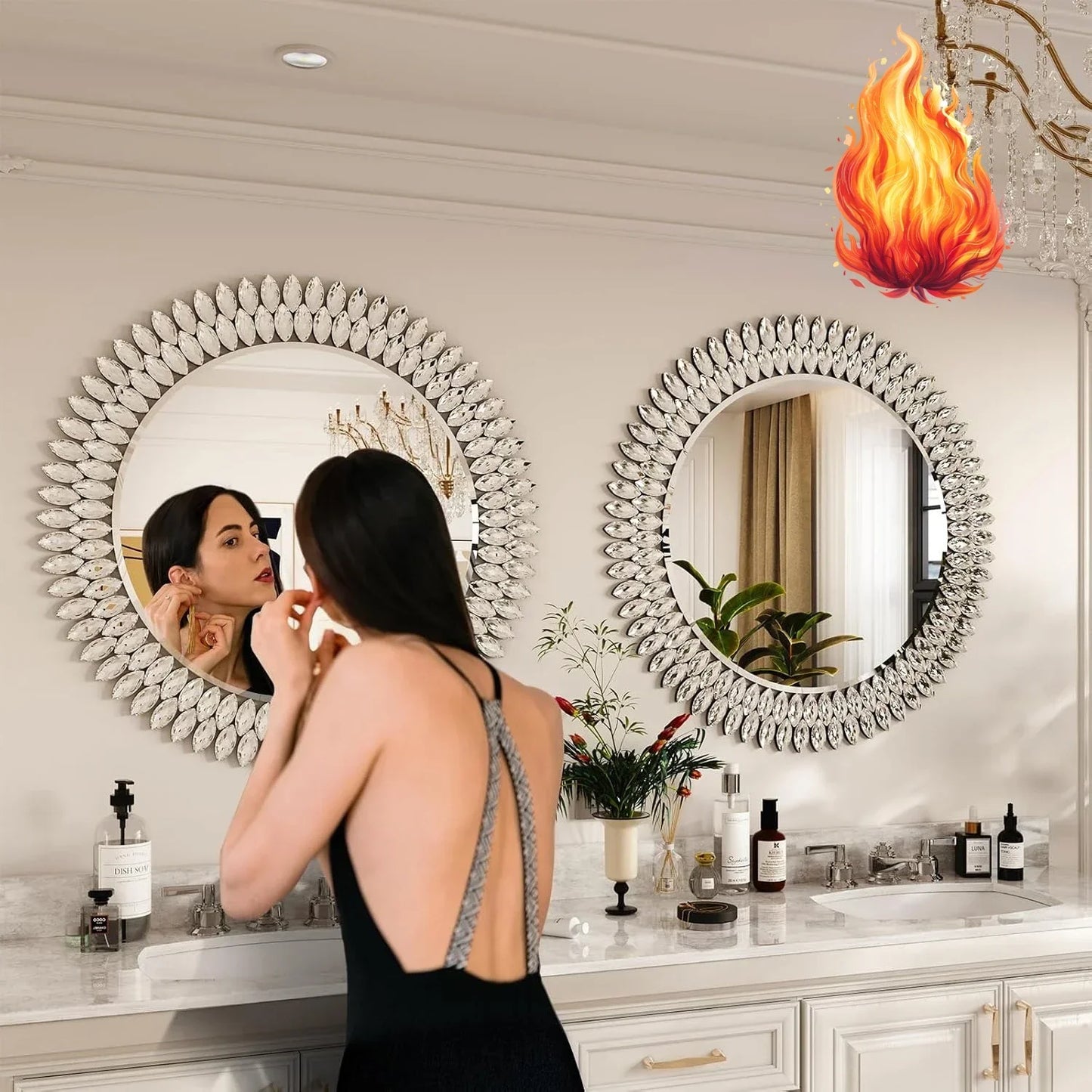 Aria Modern Jeweled Round Wall Mirror – 32"