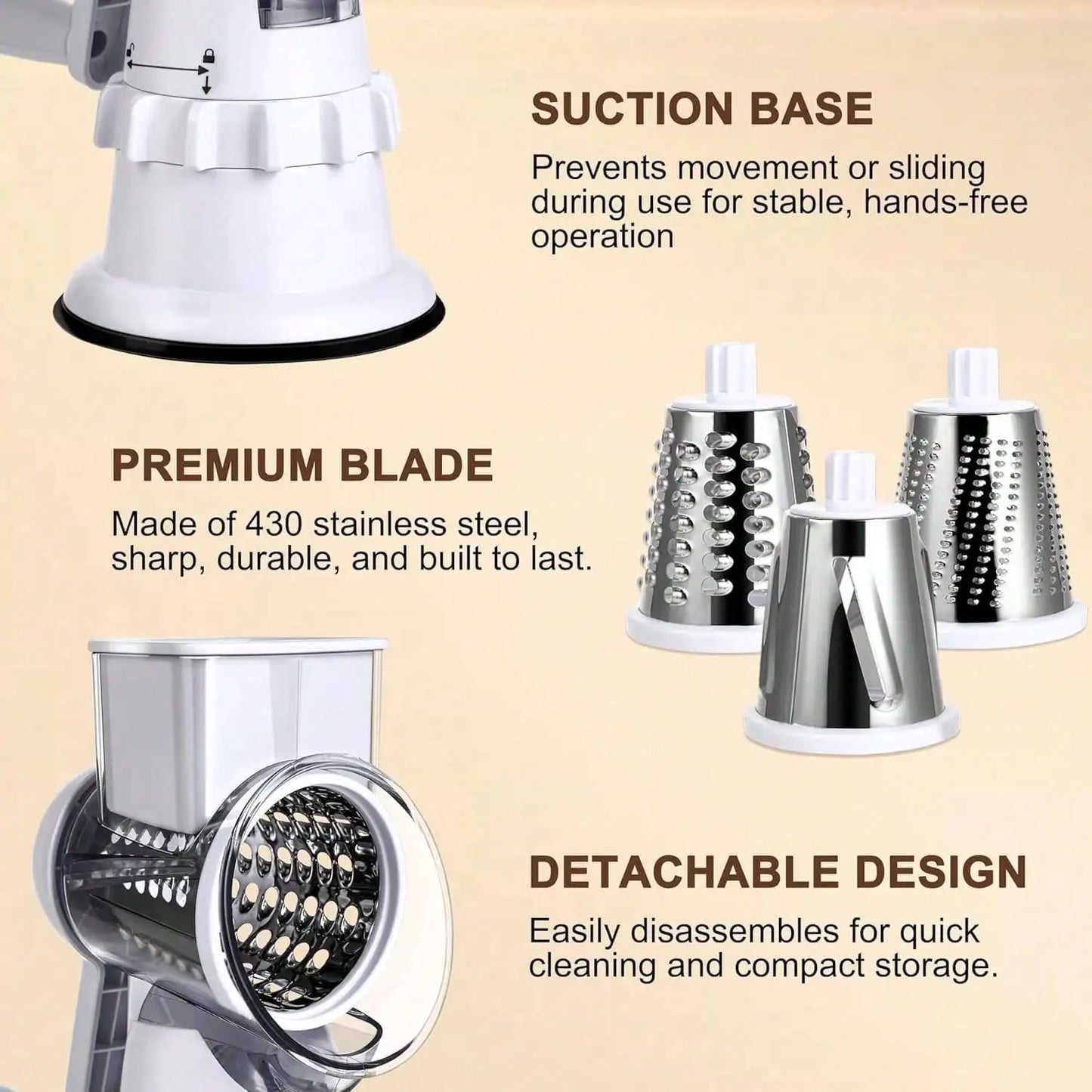 Rotary Cheese Grater Hand Crank - Vegetable Slicer with 3 Stainless Steel Blades