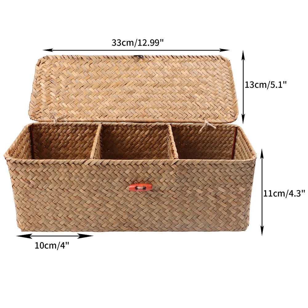 Hand-Woven 3-Section Storage Organizer with Lid