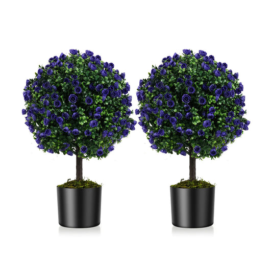 Set of 2 Artificial Purple Rose Topiary Ball Trees – 22" UV‑Resistant Faux Boxwood Ball Trees for Outdoor Décor