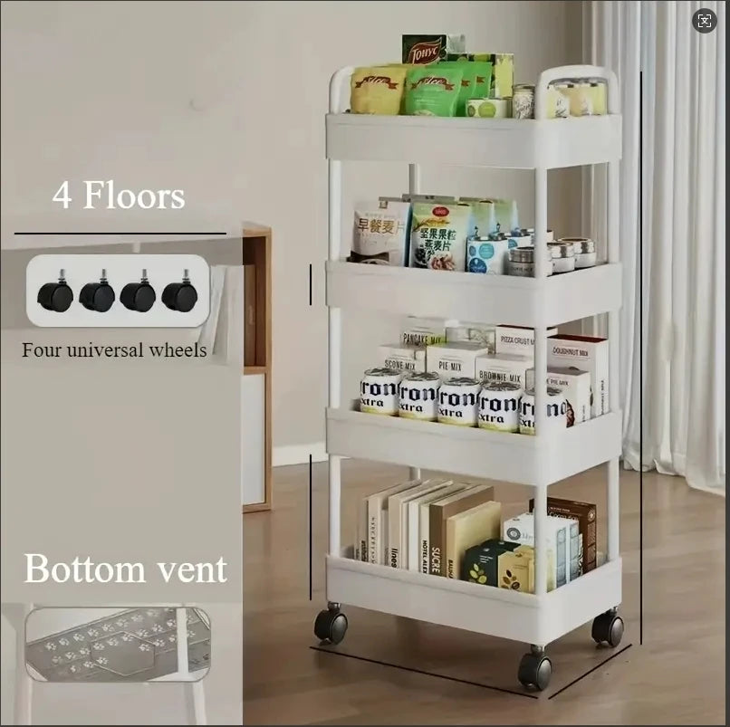 3/4‑Tier Multi‑Functional Rolling Cart – Large‑Capacity Mobile Storage Trolley with Wheels for Kitchen, Bathroom & Bedroom