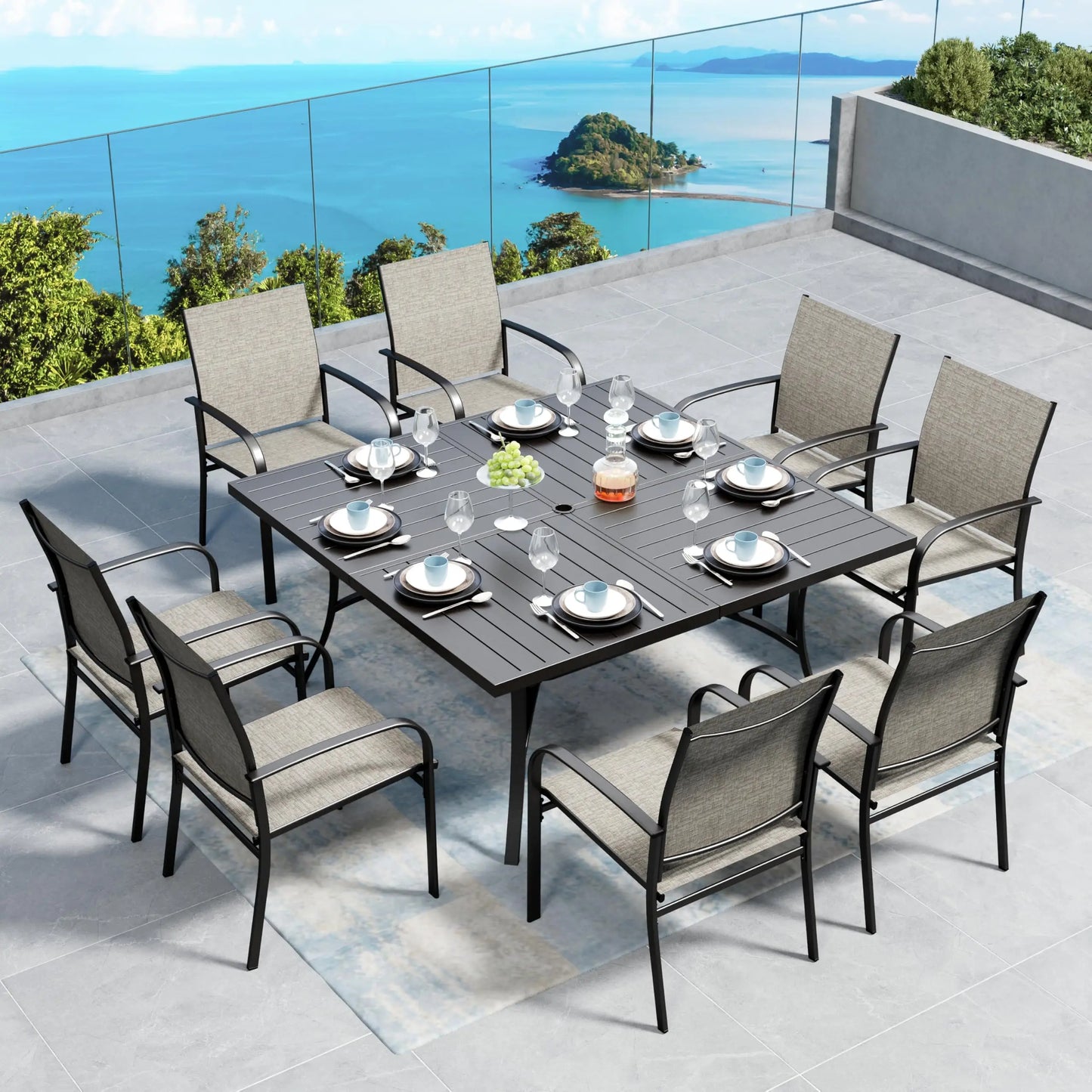 Outdoor Patio Dining Set (5/9/10‑Piece) – Square Table with Umbrella Hole & Metal Brown Chairs