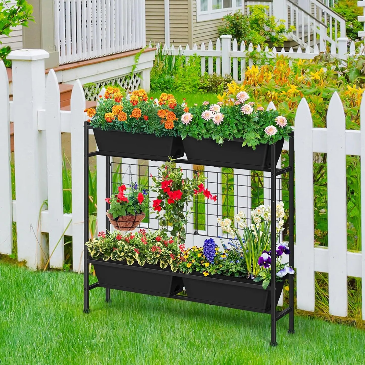 32" Tall Elevated Garden Bed with Trellis & Legs, Standing Planter for Vegetables, Flowers, Herbs - Black