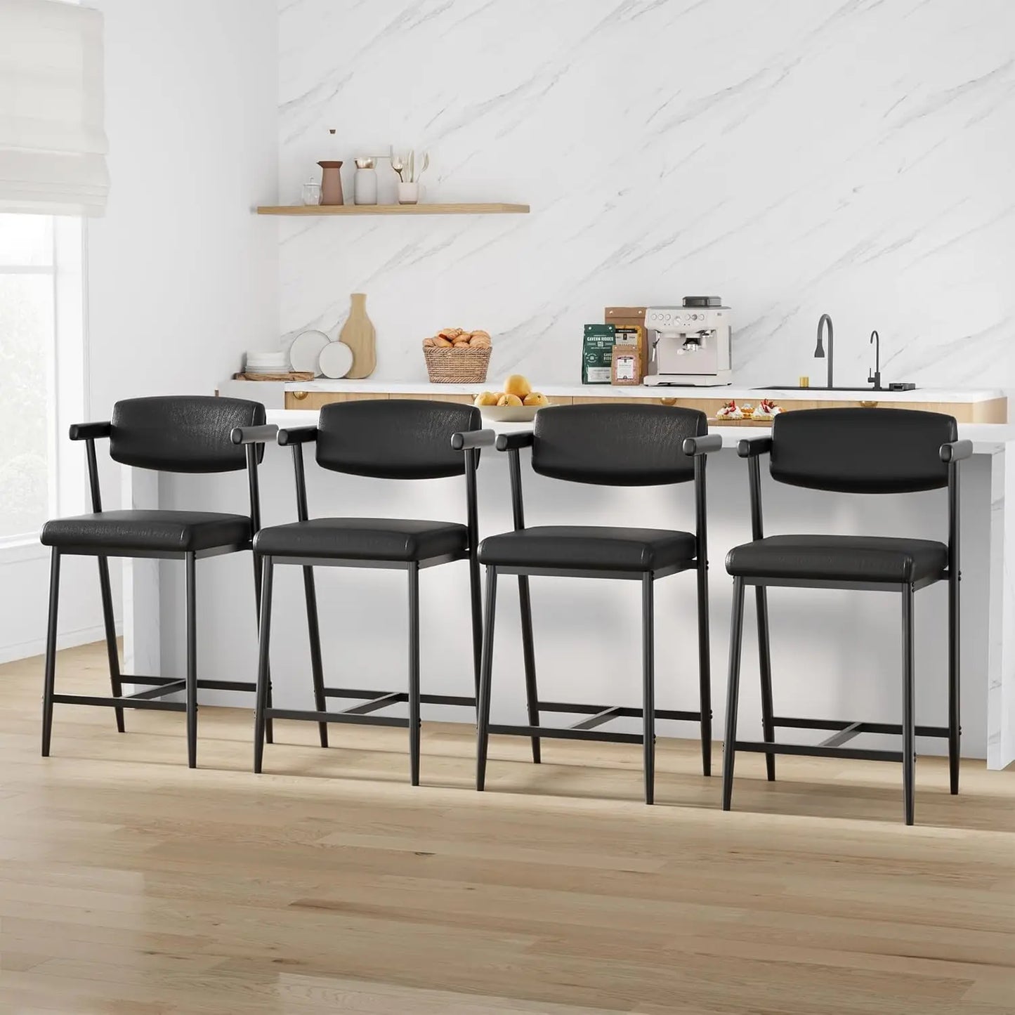 Modern Bar Stools (2-Pack) – Upholstered Wide‑Seat Stools with Backrest & Footrest