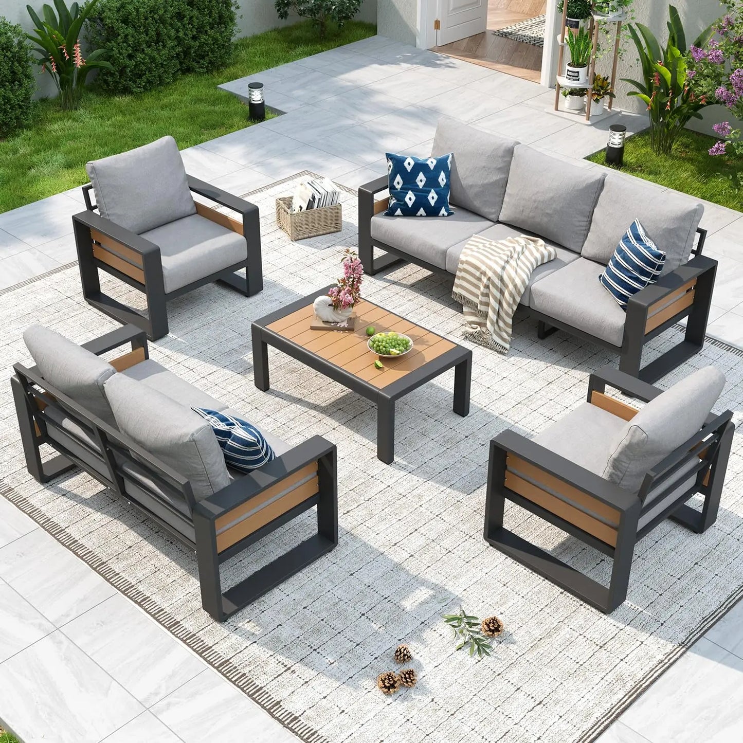 5-Piece Aluminum Patio Furniture Set – Luxury Outdoor Sectional with 6" Cushions