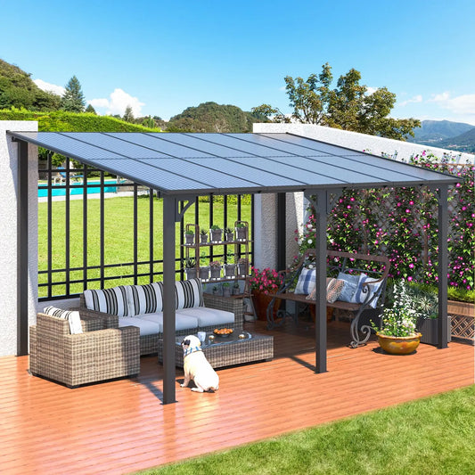 14' × 10' Hard‑Top Lean‑To Gazebo – Wall‑Mounted Pergola with Metal Roof, 140 Sq. Ft. Shaded Patio Coverage