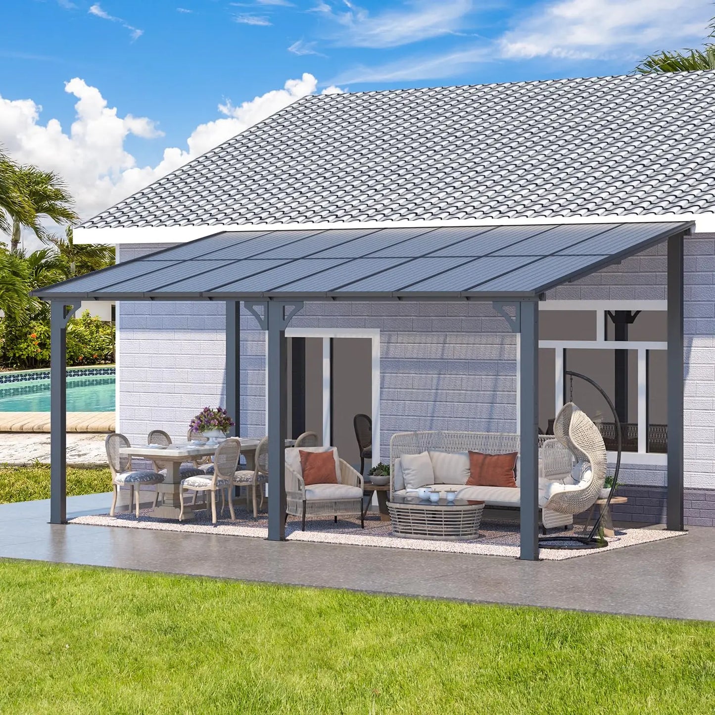 16' × 8' Hard‑Top Lean‑To Gazebo – Wall‑Mounted Outdoor Pergola with Durable Roof