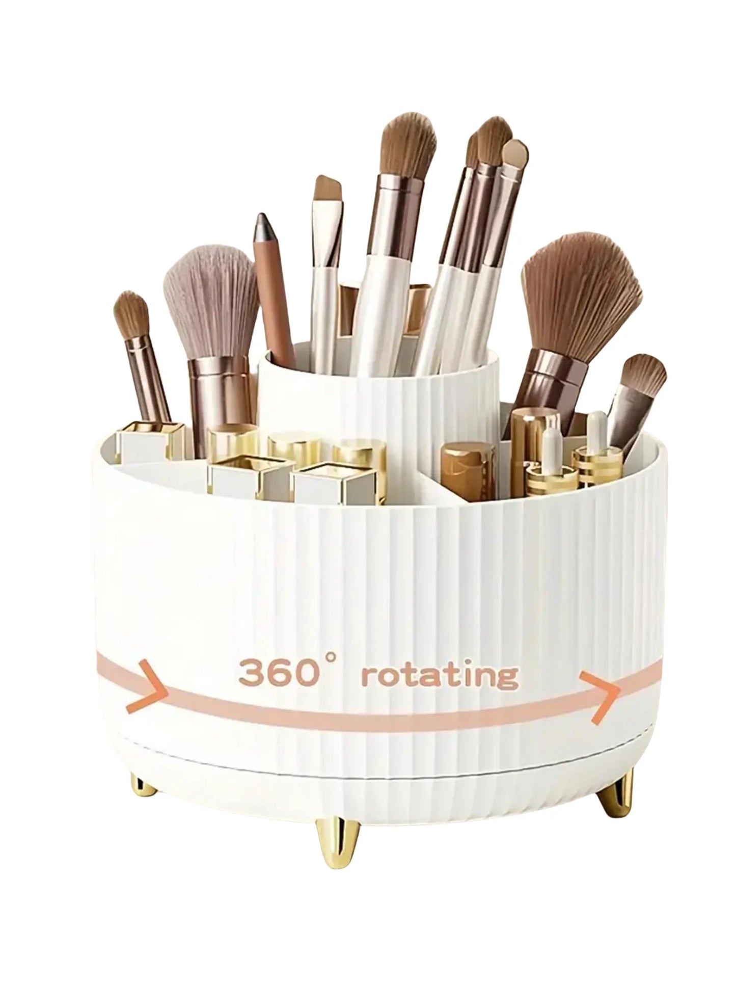 360° Rotating Makeup Organizer with 5 Compartments - Multi-Functional Holder for Brushes