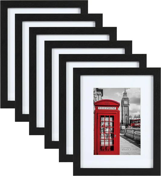 Set of 6 Black Woodgrain Picture Frames – 11×14 Frames with Mat for 8×10 Photos, Wall Mount or Table Display