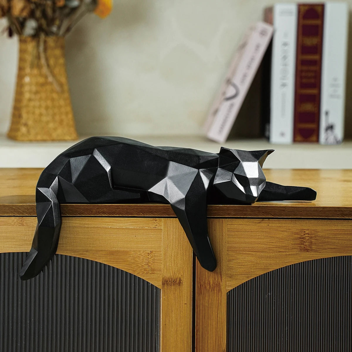 White or Black Geometric Cat Statue – Modern Lying Cat Figurine for Home, Office & Shelf Décor