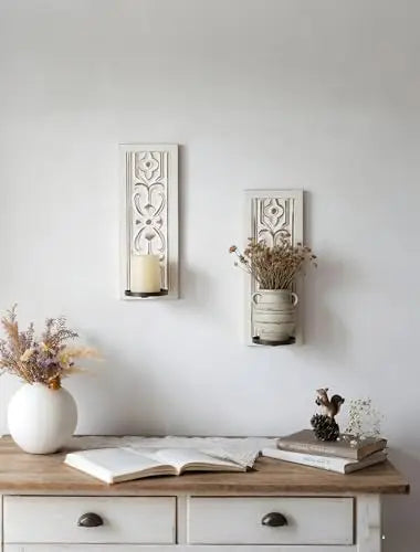 White Distressed Candle Sconces Set of 2