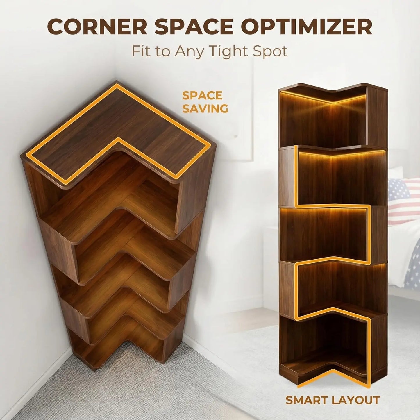 5-Tier L-Shaped Corner Bookshelf with LED Lights | Freestanding Smart Display Rack