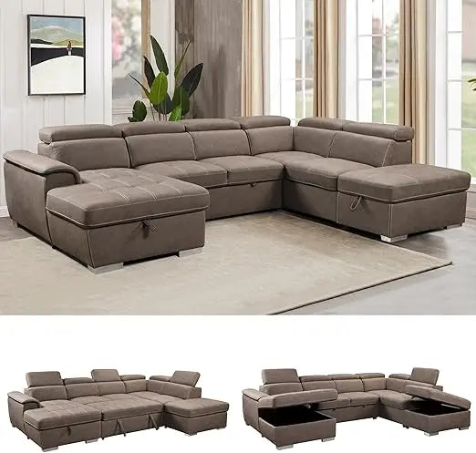 127" Oversized U‑Shaped Sectional Sofa – Microfiber Sleeper with Pullout Bed