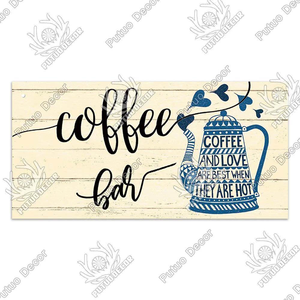 Decor Coffee Wooden Signs - Plaque Wood Plate Rustic Hanging for Cafe, Bar, or Kitchen