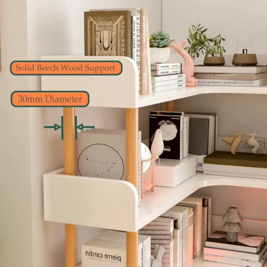 4-Tier Reversible L-Shaped Corner Bookshelf | Solid Wood Frame Display Case