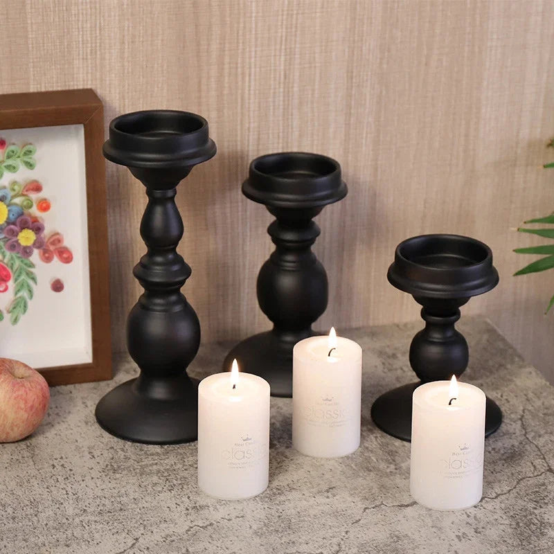 Nordic Statuesque Pillar Candle Holders – Matte Black Metal Accent Set (Sold Individually or Set of 3)