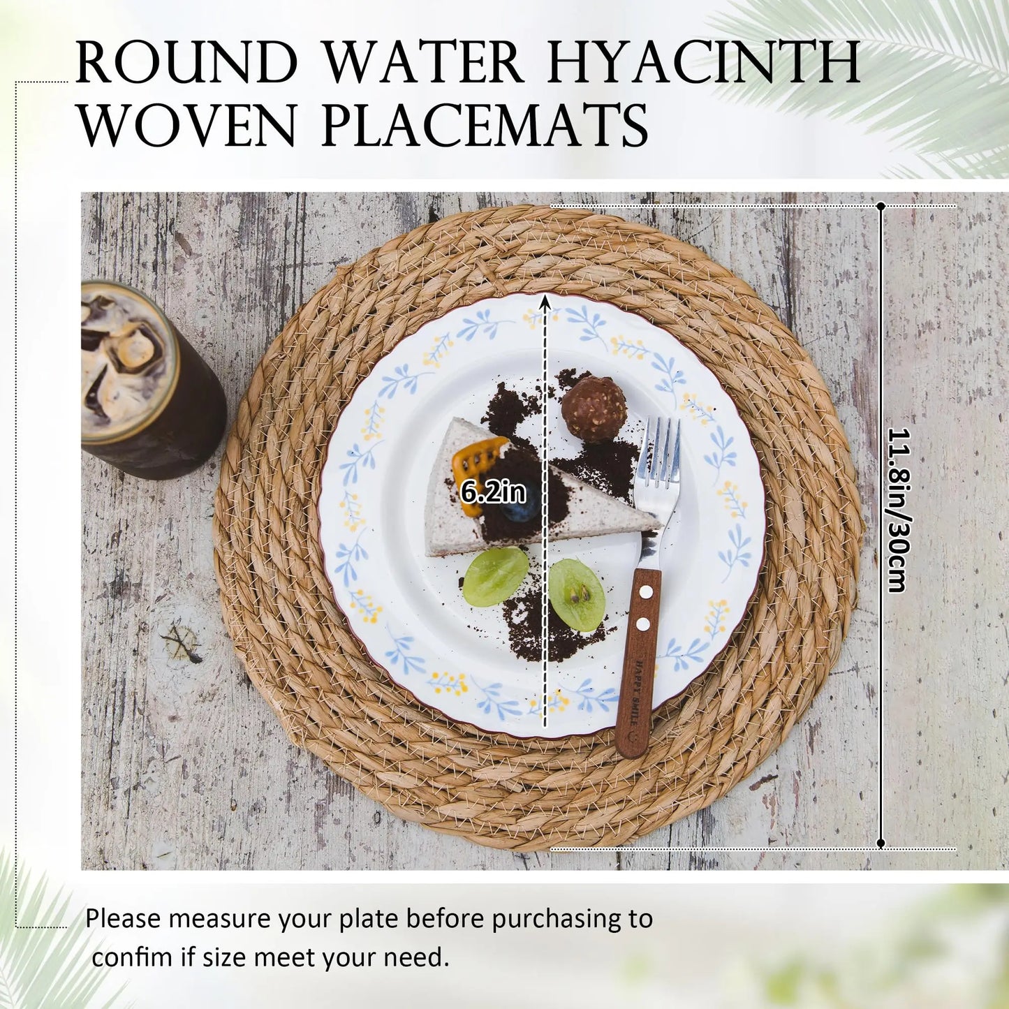 Defined Deco 10Pcs 12" Round Hand-Woven Water Hyacinth Rattan Placemats Farmhouse Weave Table Mats for Dining Kitchen Decor