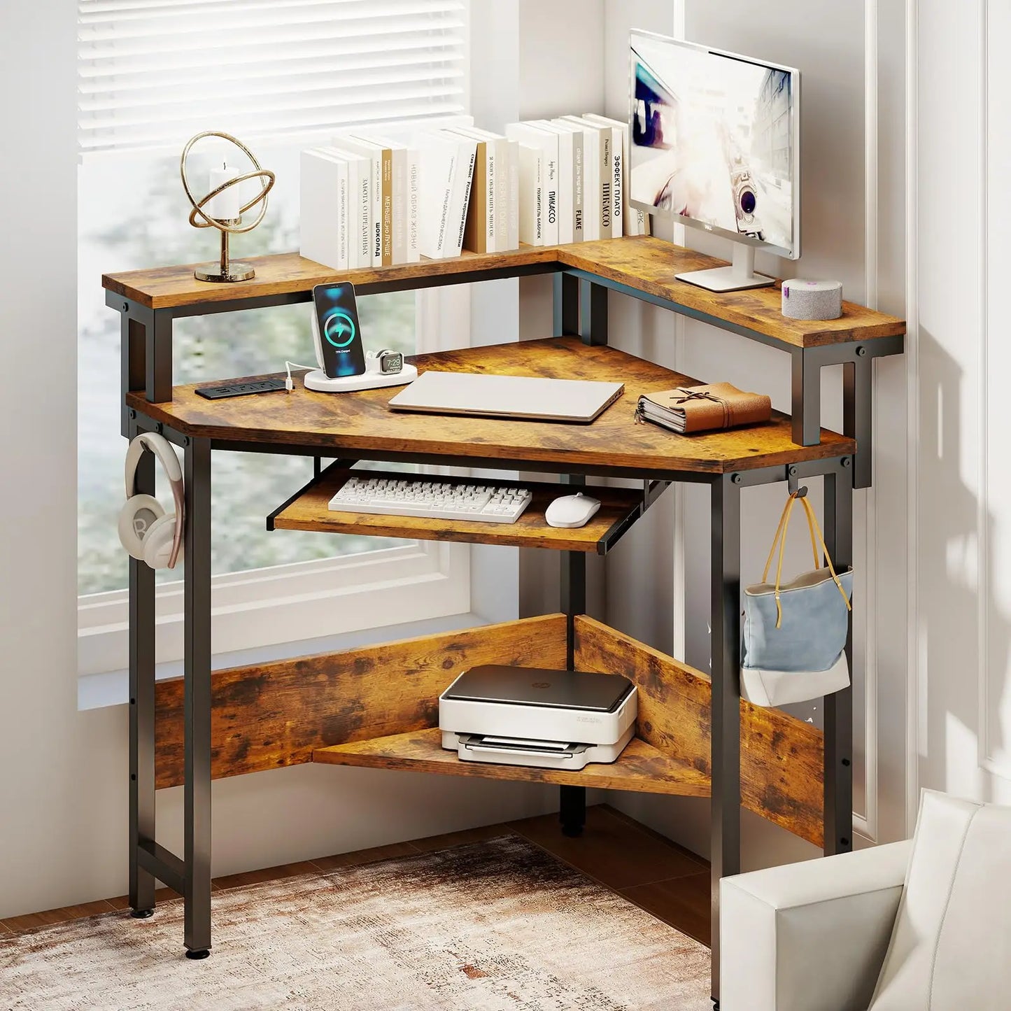 Corner Desk for Small Space with LED Lights