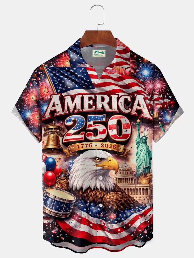 Men's 250th Anniversary US  American Flag Print Short Sleeve Button Down Shirt
