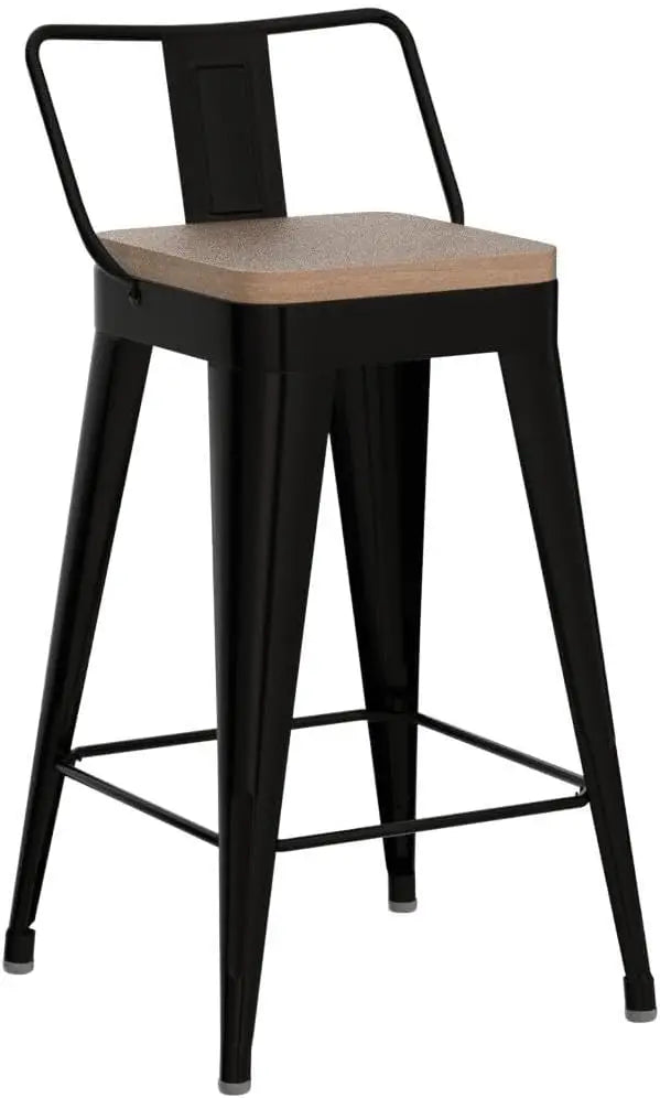 Set of 4 Black Metal Bar Stools with Removable Back, Wooden Seat, 26" Counter Height, Stackable Design