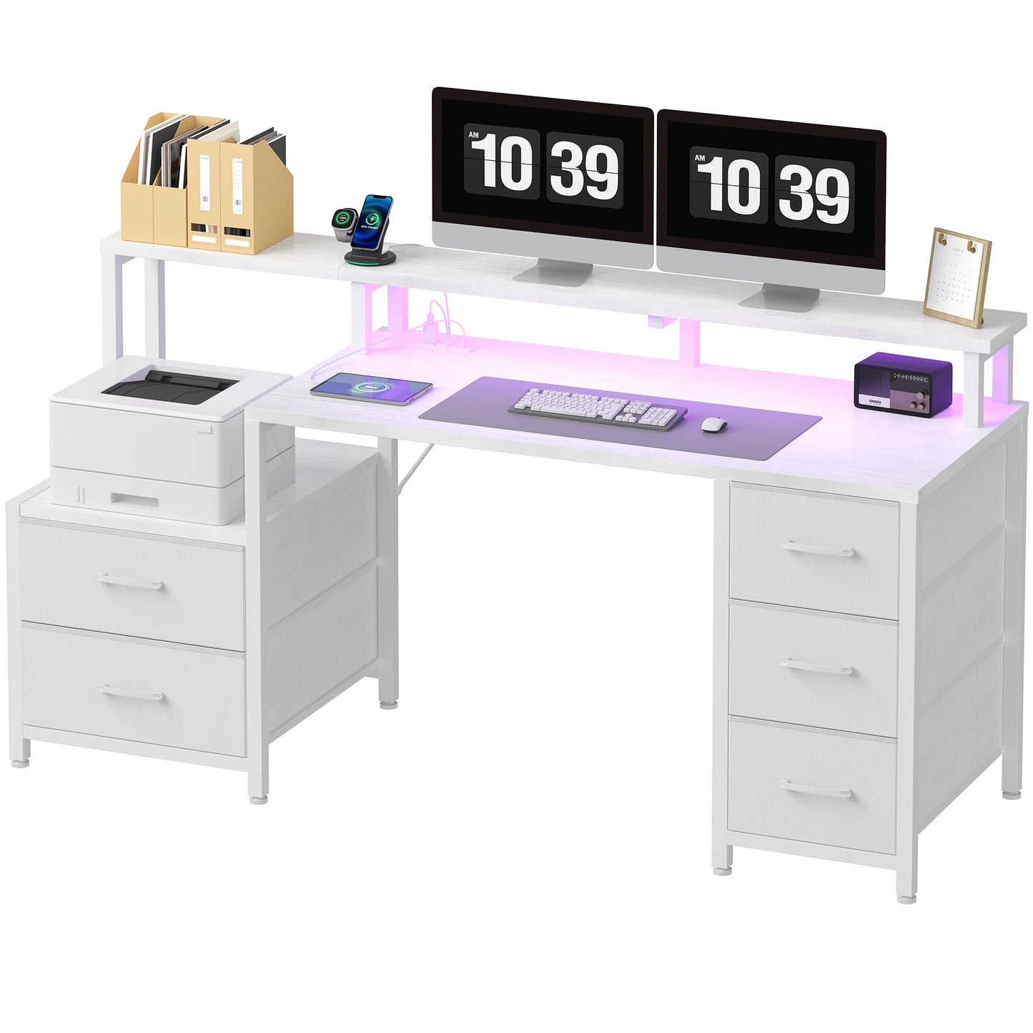 67" Gaming Computer Desk with 5 Drawers – Wood Office Desk with LED Lights & Built‑In Power Outlets