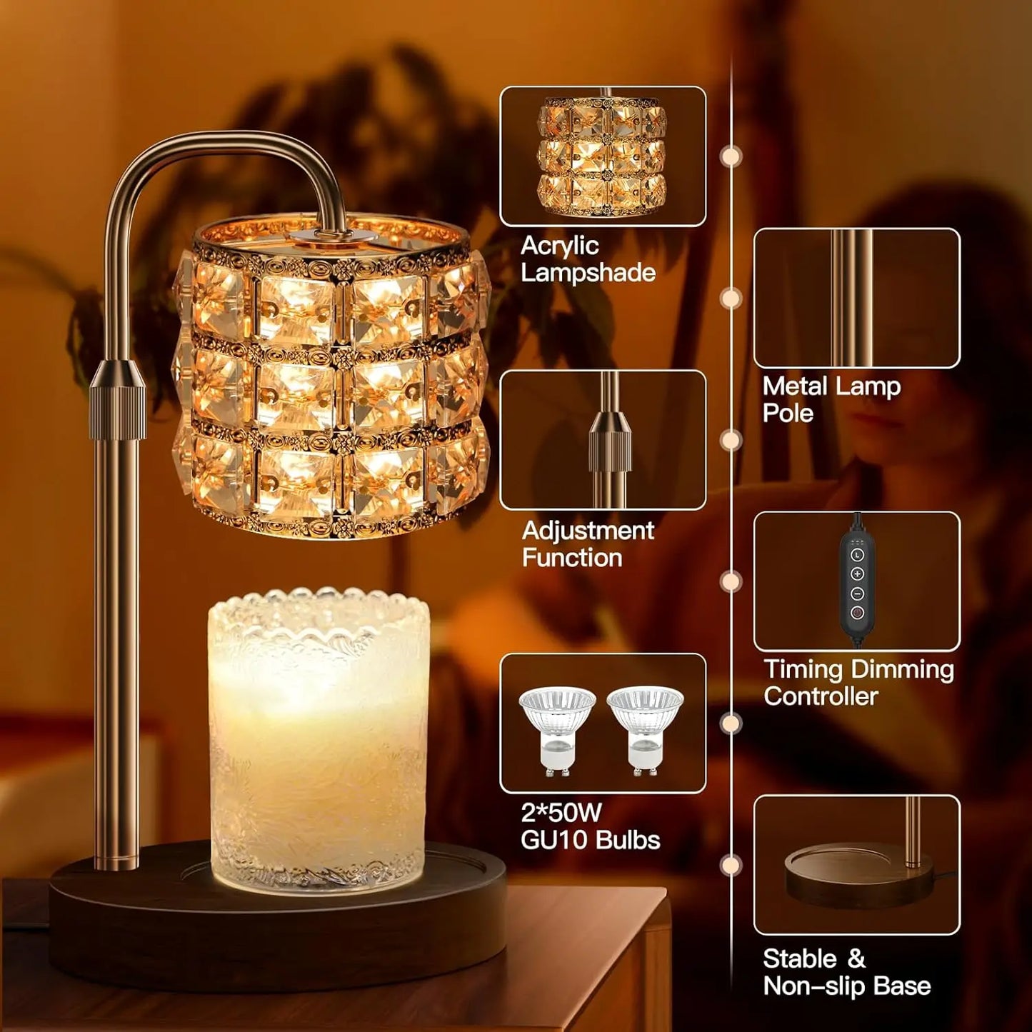 Adjustable‑Height Candle Warmer Lamp with Timer & Dimmer – Flameless, Clean, Even Wax Melting