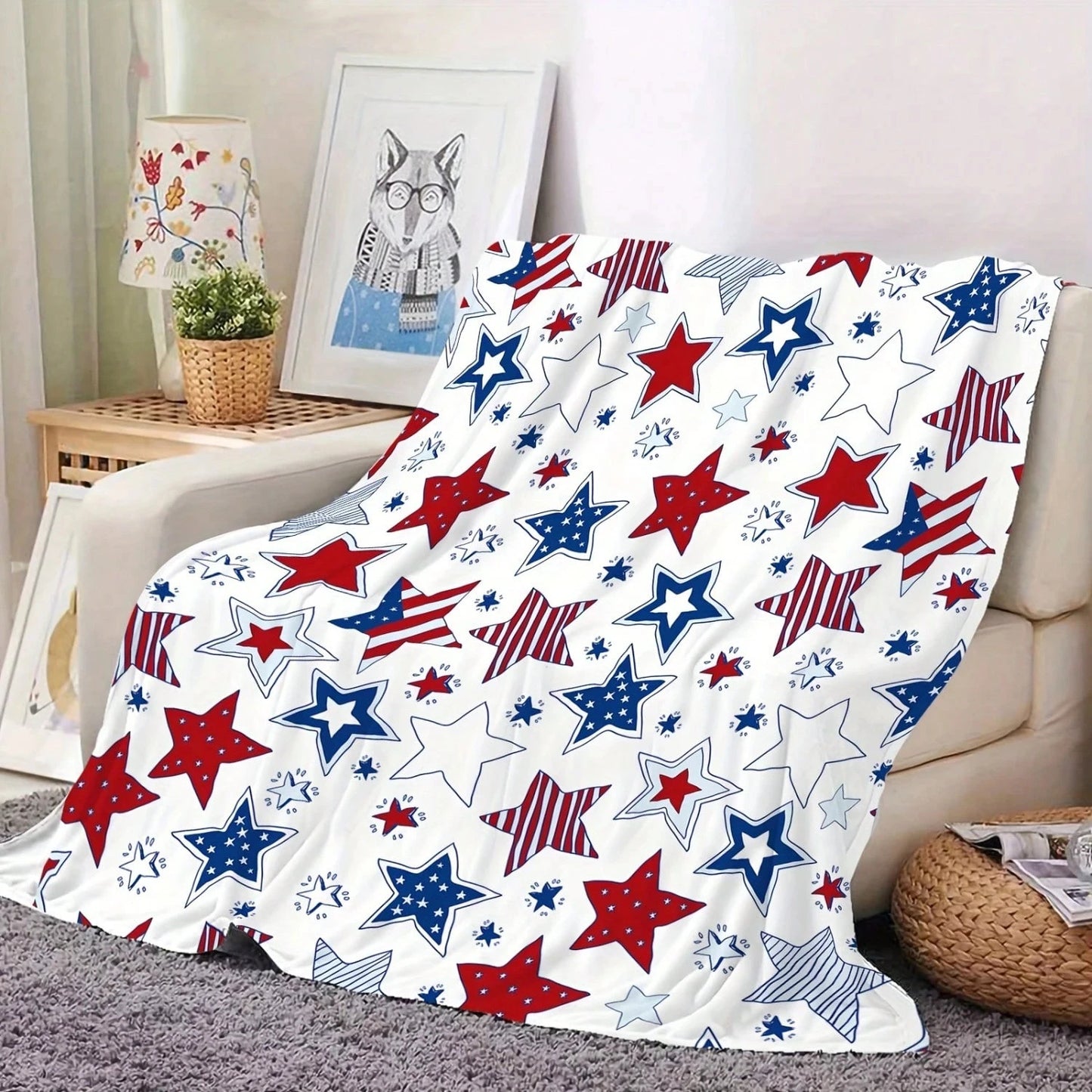 4th of July Flannel Blanket – Patriotic 2D Print All‑Season Throw for Home & Holiday Décor