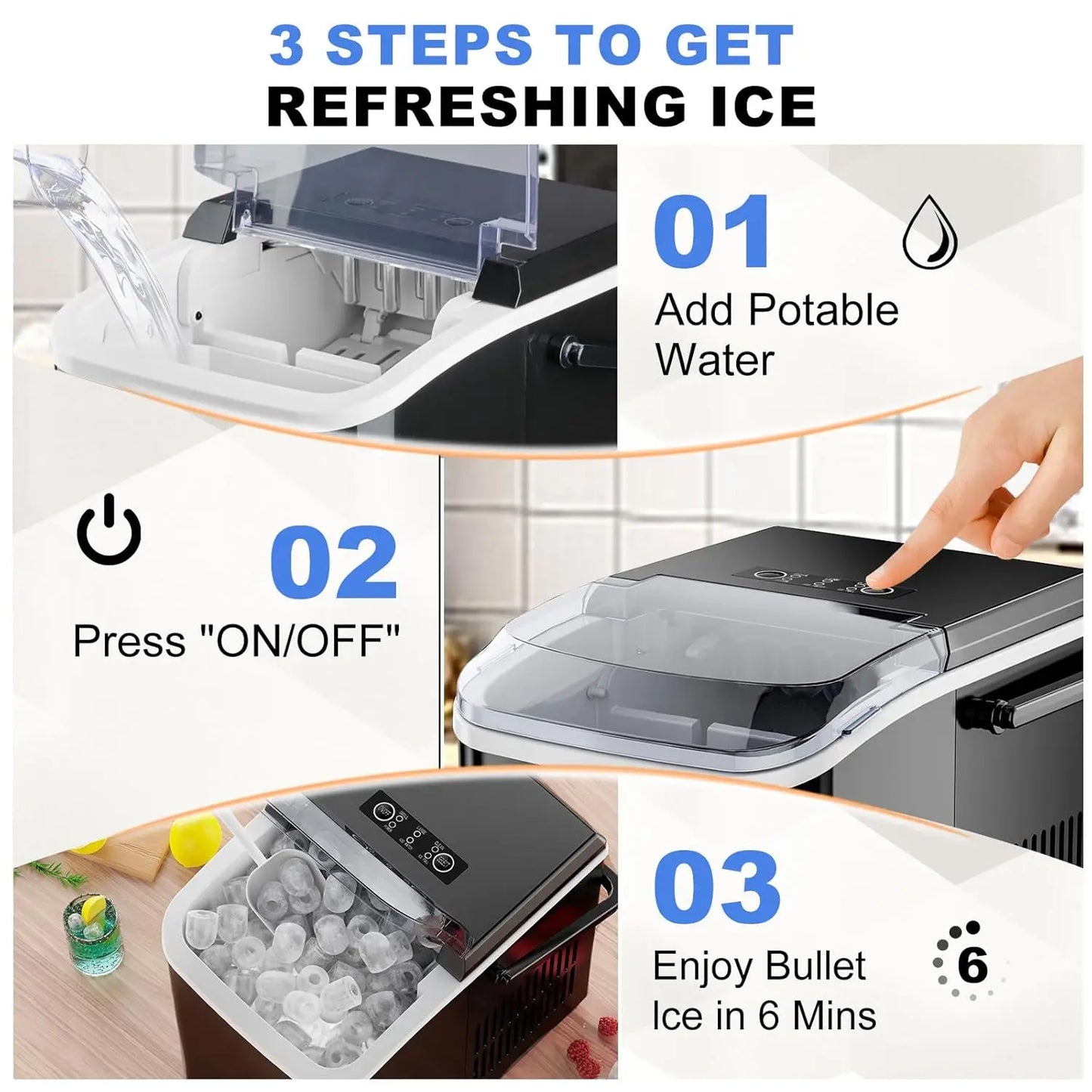 Portable Ice Maker Machine, 9 Cubes in 6 Mins, 26lbs Daily, Auto-Clean with Basket & Scoop